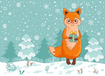 Christmas card with a cute fox. Vector illustration of Christmas theme. Palce your text.のイラスト素材