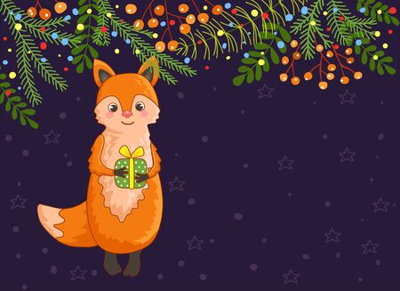 Christmas card with a cute fox. Vector illustration of Christmas theme. Palce your text.のイラスト素材