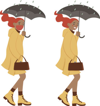 Young stylish woman walking on raining day, holding umbrella, wearing mask, vector illustration, isolated on whiteのイラスト素材