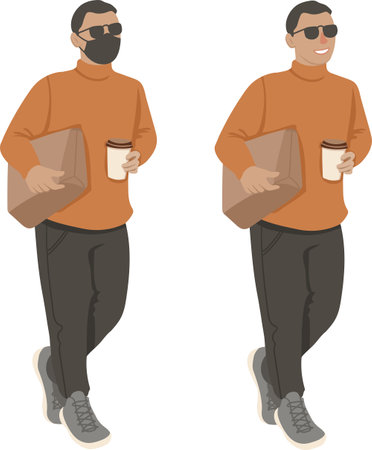 Young stylish man walking, wearing mask, vector illustration, isolated on whiteのイラスト素材