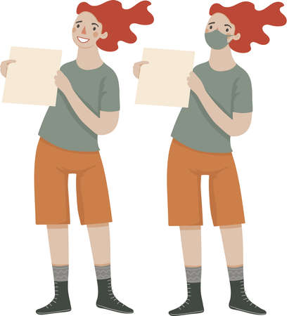 Young stylish woman holding sheet of paper, wearing mask,vector illustration, isolated on whiteのイラスト素材