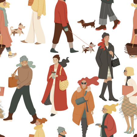 Young stylish people walking on the street, vector seamless pattern, isolated on whiteのイラスト素材