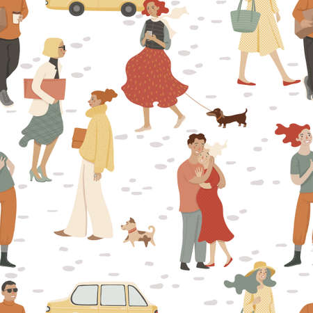 Young stylish people walking on the street, vector seamless pattern, isolated on whiteのイラスト素材