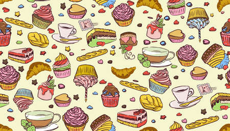 Coffee time, cupcakes, cakes, coffee, stars, seamless pattern backgroundのイラスト素材