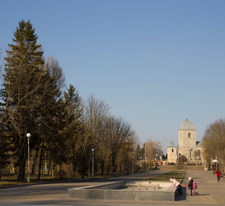 Spring park in the city on the horizon church, Ukraine