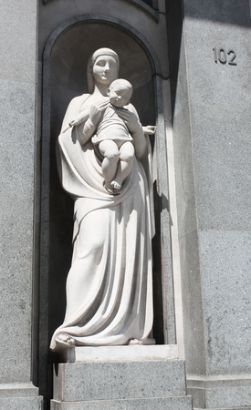 Statue of Virgin Mary and Jesus in Barcelona, Catalonia, Spainの写真素材