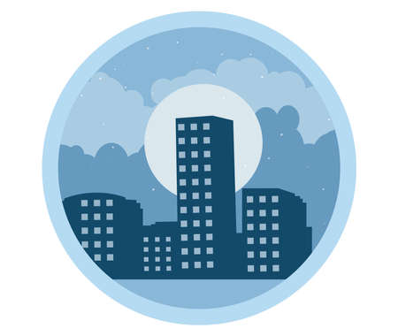 Illustration of night cityscape with Bright moon, shooting stars, clouds and buildings. Night city skyline.のイラスト素材