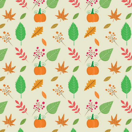 Vector Thanksgiving seamless pattern with pumpkin, berries, oak, maple and green leaves on light background. Great for autumn and thanksgiving greeting cards, textile and home dÃ©corのイラスト素材