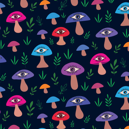 Magical trippy mushroom with eyes and leaves over dark background. Great for textile, home dÃ©cor and wrapping paperのイラスト素材