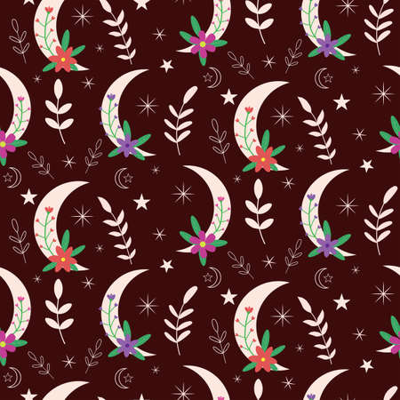 Beautiful floral boho moon seamless pattern with flowers, leaves, stars over dark brown background. Great for home dÃ©cor, textile , fabric and wallpaperのイラスト素材