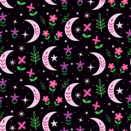 Floral boho moon seamless pattern with pink and purple flowers, leaves and stars. For home dÃ©cor, textile , wrapping paper and fabricのイラスト素材