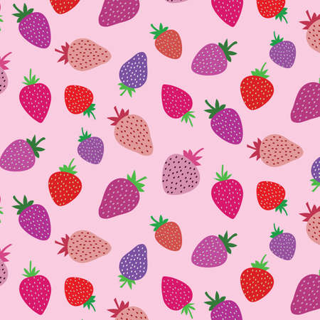Cute multicolored strawberries seamless pattern in red, pink, white on light pink background. Great for fabric,  textile, stationary gift wrapping paper and wallpaperのイラスト素材