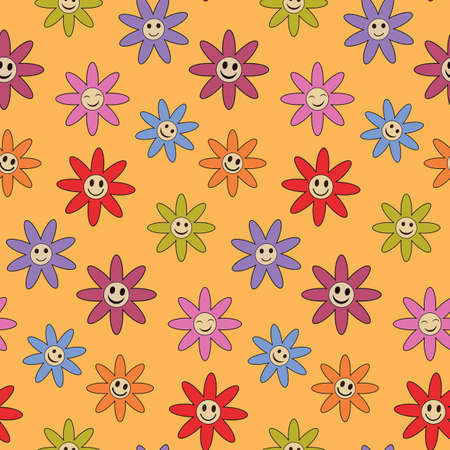 Colorful  retro flowers pattern with smiley faces on yellow background. For textile, fabric, wrapping paper  and kids clothsのイラスト素材