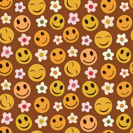 Happy smiling yellow faces seamless pattern with simple white retro flowers on brown background. For wrapping paper, textile, fabric ,textile and wallpaperのイラスト素材