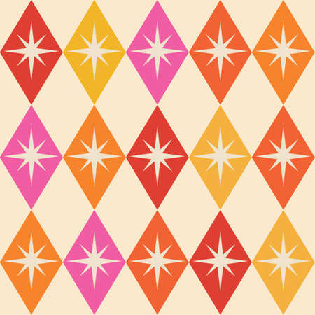 Mid century atomic starbursts over diamond argyle shapes in pink, orange, yellow and red. For textile, fabric, home dÃ©cor and wallpaperのイラスト素材