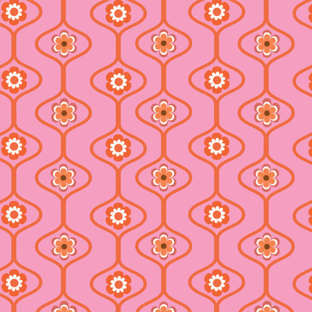 Retro groovy orange flowers seamless pattern in ogee oval shapes over pink background. For textile, home dÃ©cor, wallpaper and fabricのイラスト素材