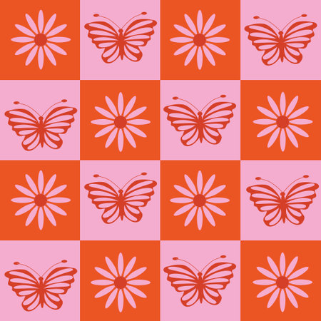 Cute Retro groovy flowers and butterflies seamless pattern on pink and orange Checkerboards. For textile, fabric and stationaryのイラスト素材