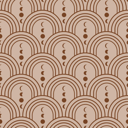 Abstract art deco rainbows with brown moon phases seamless pattern. For home decor, wallpaper and textileのイラスト素材