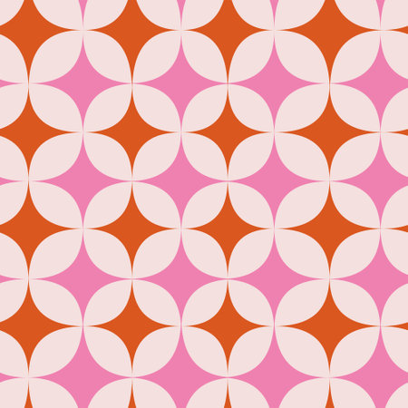 Mid Century Modern starbursts seamless pattern in pink and orange over beige background. For home decor, textile and fabric.のイラスト素材