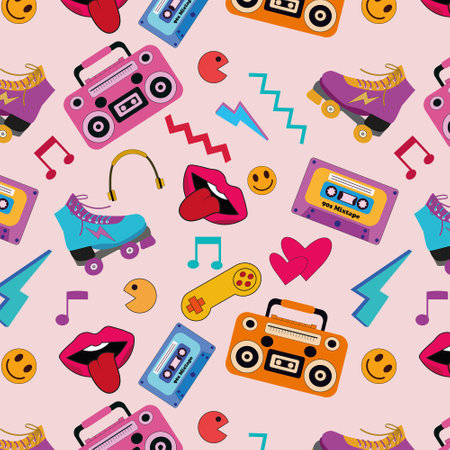 90s pop art icon seamless pattern with cassette tape, boombox, roller skates, red lips, headphone, video games and lighting bolt on light pink background. For retro posters and 90のイラスト素材