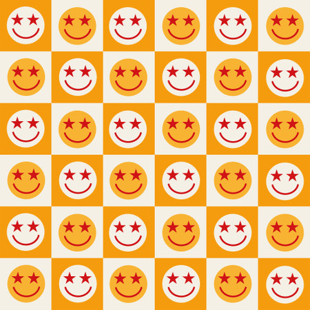 Checkered smiley  faces with stars in their eyes on orange and white squares. For stationary, wrapping paper and textile.のイラスト素材