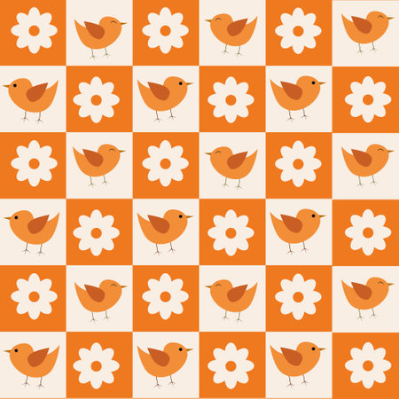 Checkered cute birds and flowers on orange and white squares seamless pattern. For stationary, wrapping paper and textileのイラスト素材