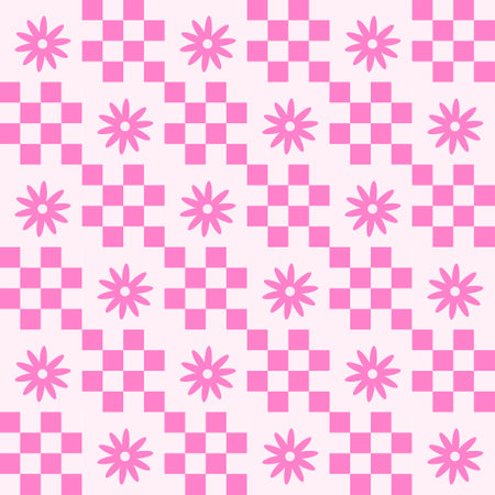 &nbsp;Cute Retro hot pink checkered flowers seamless pattern with little squares. For stationary, phone cases, and textileのイラスト素材