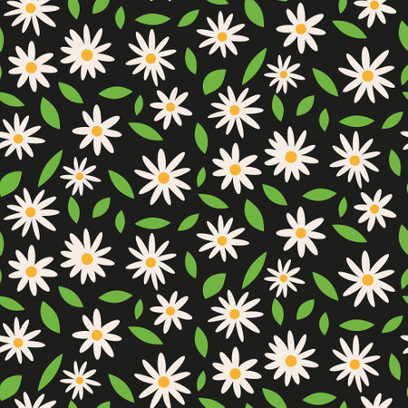 Cute white daisy flower seamless pattern with green leaves on black background. For home decor, wrapping paper, textile and fabricのイラスト素材