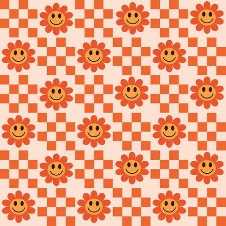 Checkered smiling orange flowers seamless pattern with little squares. For stationary, phone cases and textile.の写真素材