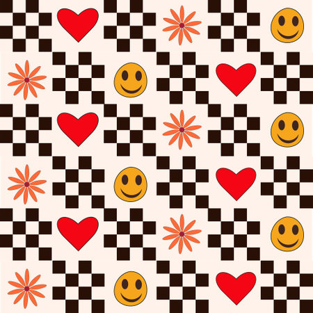Cute orange flowers, hearts and happy faces with black checkerboards squares seamless pattern. For stationary, wrapping paper and textileのイラスト素材