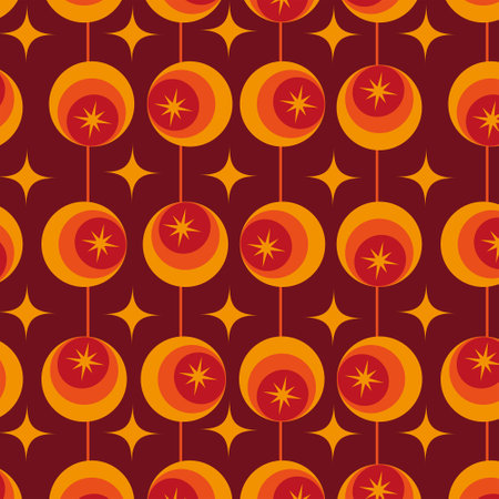 Mid Century Modern atomic starbursts seamless pattern on retro circles in orange, tangerine and red. For home decor, fabric and textile.のイラスト素材