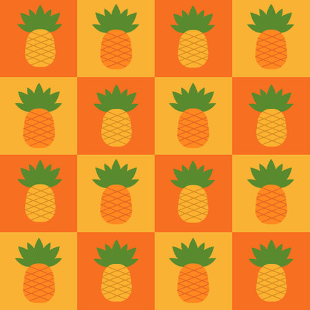 Cute minimalist summer pineapples pattern  on orange and yellow checkered squares. For summer posters, fabric, textile and wrapping paperのイラスト素材