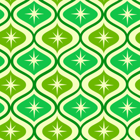 Mid century modern atomic starburst on lime green and jade green ogee ovals seamless pattern. For home dÃ©cor, wallpaper and textileのイラスト素材