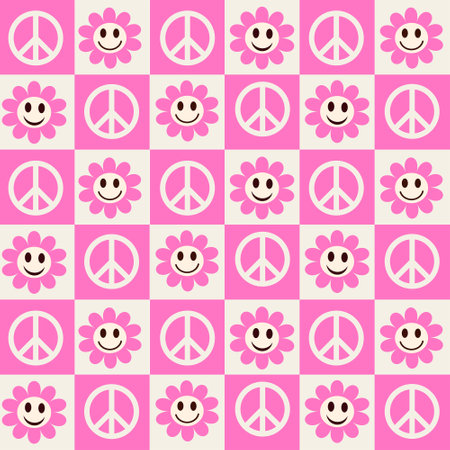 Checkered pink smiling flowers and peace signs seamless pattern. For fabric, textile and stationaryのイラスト素材