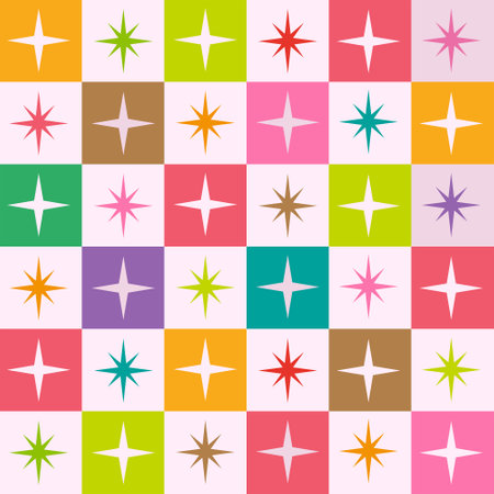 mid century modern atomic starbursts seamless pattern  on colorful checkered sqaures. for fabric, textile, home decorのイラスト素材