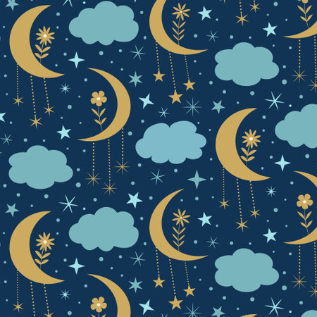 Golden flowers on boho Moon seamless pattern with clouds and stars seamless pattern on dark blue background. For fabric, bedding, textile and wallpaperのイラスト素材