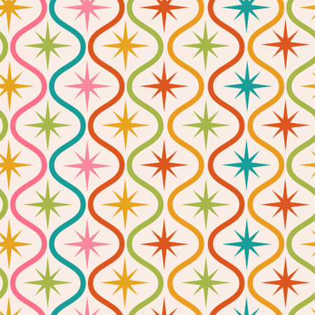 Mid century colorful starbursts on ogee shapes seamless pattern. For home dÃ©cor, wallpaper, retro posters, textile and fabricのイラスト素材