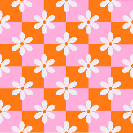 Retro White Flowers on pink and orange checkered sqaures seamless patternのイラスト素材