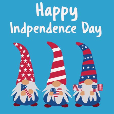 Happy Indpendence day Fourth Of July Gnomes holding american flag, firework and american heart with lettering.  Vector illustration card templateのイラスト素材