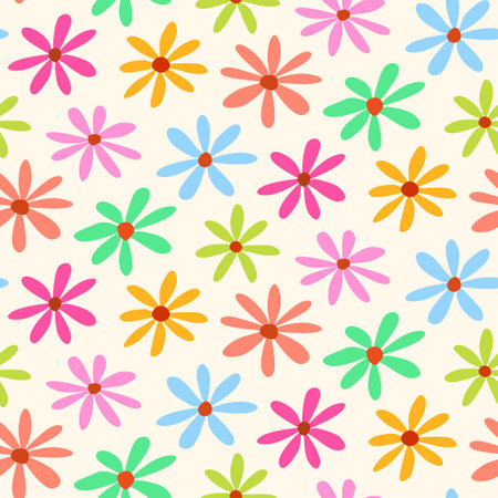 Retro Abstract hippie groovy colorful flowers seamless pattern in orange, red, blue, yellow, green and purple over white background. For fabric, textile and home decorのイラスト素材