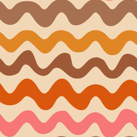 Abstract retro 70s waves seamless pattern in brown, orange, mustard and pink over beige background.  For retro backgrounds, home dÃ©cor and postersのイラスト素材