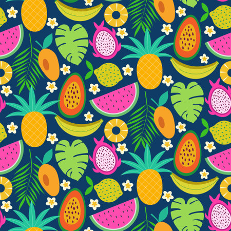 Colorful tasty Tropical fruits seamless pattern on dark blue background with pineapple, banana, dragon fruit, papaya, lemon and tropical leaves.  For summer decor, textile, fabric and wrapping paperのイラスト素材