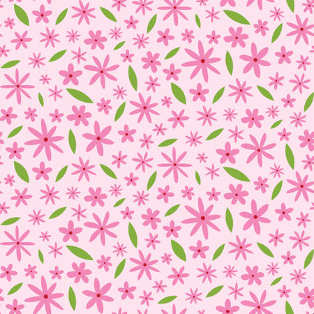 Simple Retro Pink flowers with green leaves seamless pattern on light pink background. For fabric, textile and home decorのイラスト素材