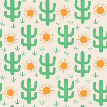 Cute Green Cactus with orange sun seamless pattern. For fabric, textile and wallpaper