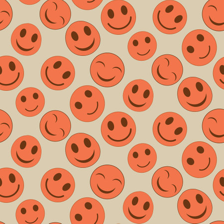 Cute Kawaii orange happy smile faces seamless pattern on cream background . For kids textile, backgrounds, wrapping paper and stationaryのイラスト素材