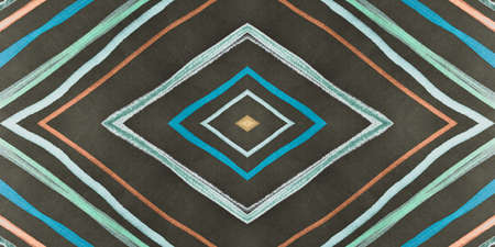 Ethnic Diamond. Drawn by Brush Zig Zag Background. Seamless Abstract Ikat Carpet. Bohemian Triangles Chevron. Watercolor Ethnic Diamond Pattern. Tribal Design. Blue Ethnic Diamond.の写真素材