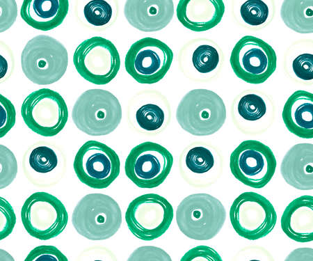 Random Seamless Circles. White Watercolor Ornament. Hand Drawn Ball Pattern. Vintage Textile Design. Green Abstract Seamless Circles. Hand Drawn Rounds Texture. Green Artistic Seamless Circles.の写真素材