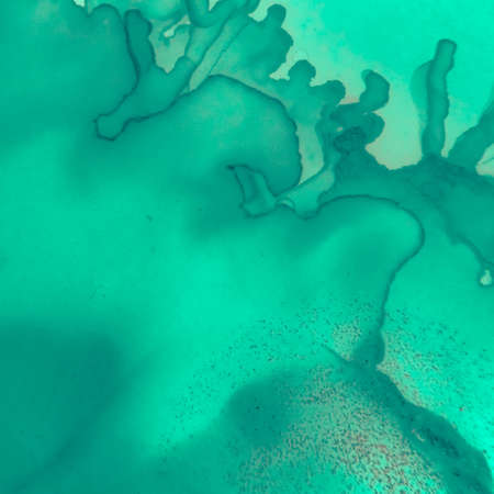 Blue Fluid Wave. Paper with Watercolor Paint. Contemporary Ethereal Design. Brown Green Background. Flow Wave. Sophisticated Modern Effect. Turquoise Illustration. Brown Flow Art.の写真素材