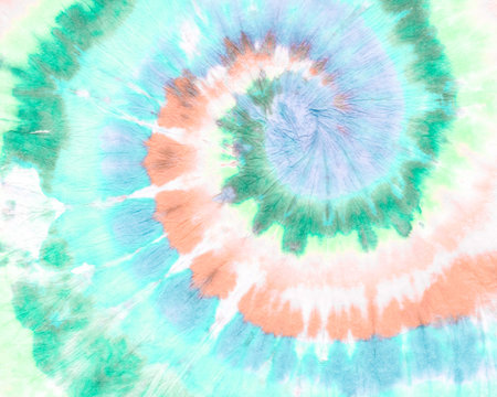 Tie Die Circle. Blue Hippie Spiral. Psychedelic Print. Green Vintage Pattern. Grunge Background in...