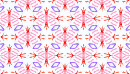 Seamless Mexican Pattern. Aquarelle Tie Dye Fabric Design. Geometric Abstract Mexican Ethnic Decoration. Red and Yellow Colors. Watercolor Mexican Pattern.の写真素材